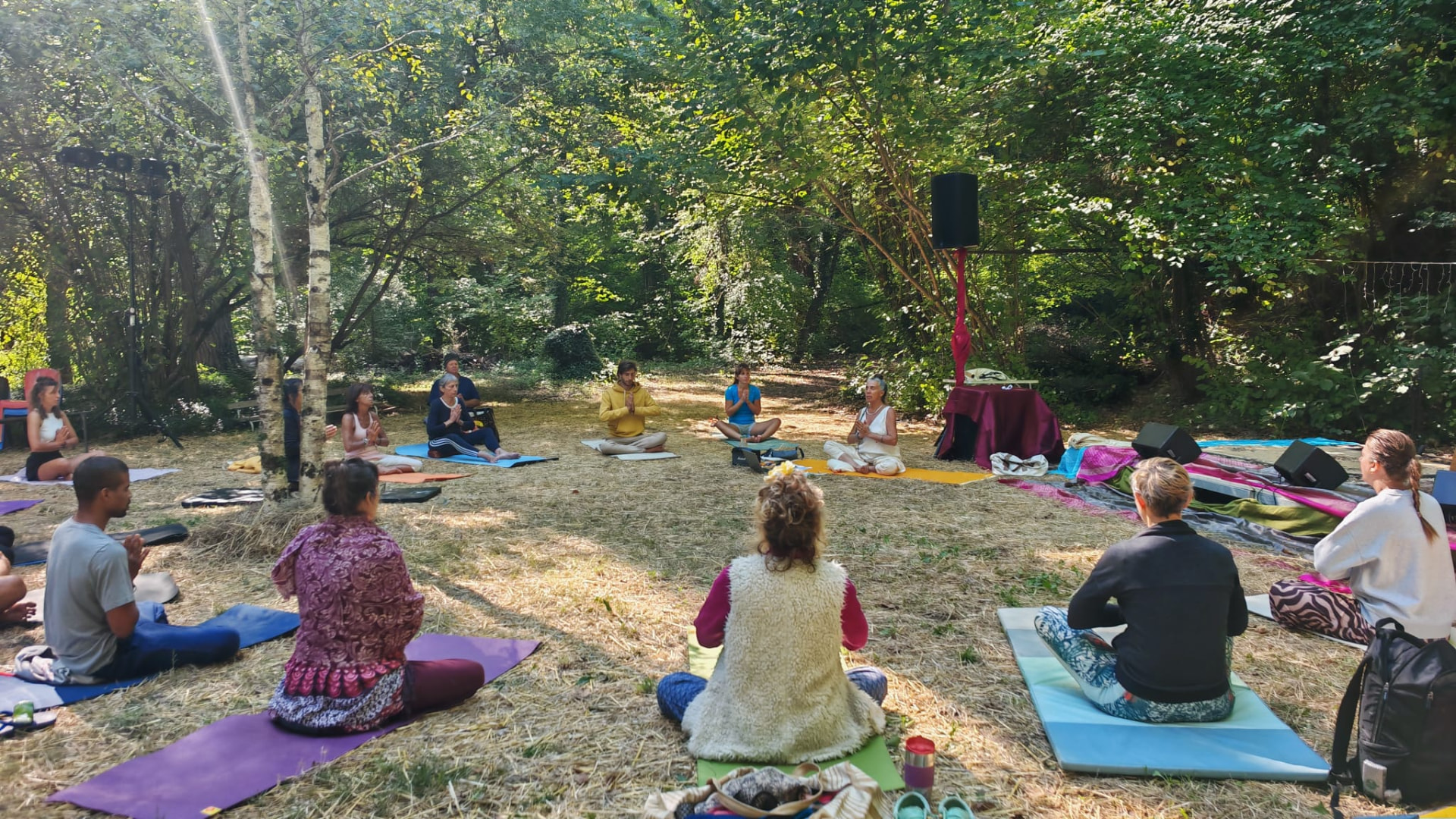 Participants assis en cercle dans un sous-bois lors d’un atelier en plein air